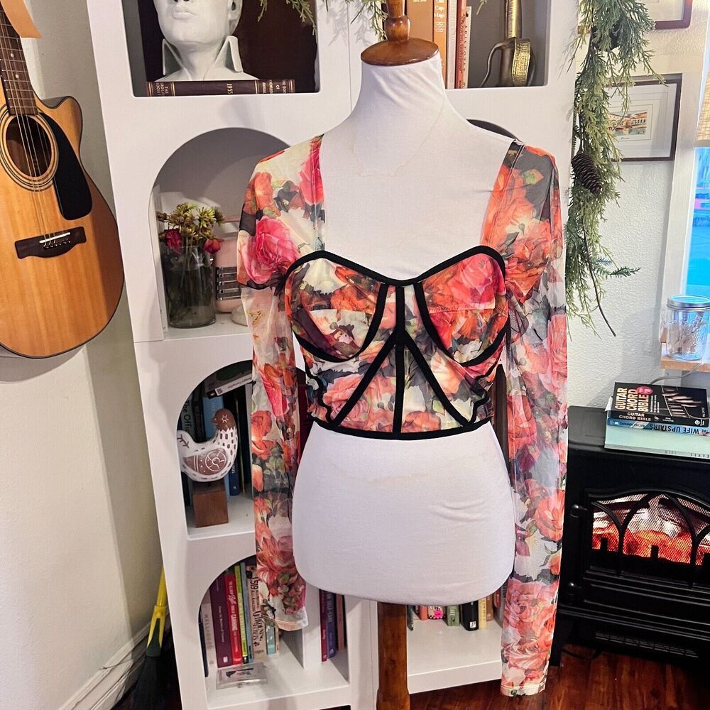Shein Womens Mesh Sheer Floral Corset Top Sz 0XL Disco 90s Grunge Club Festival